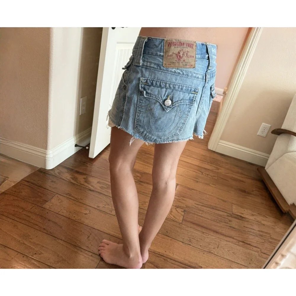 Y2K True Religion Cutoff Mini Skirt Cyberpunk Rocker Denim Low Rise repurposed